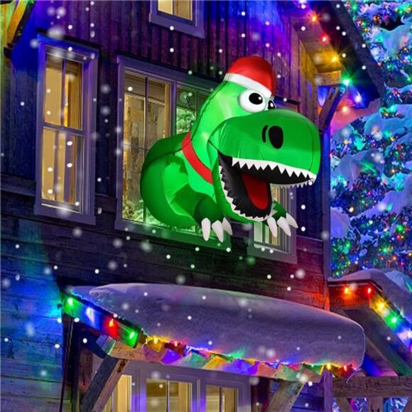 3.5 Ft Christmas Inflatable Decor Santa Dinosaur Broke Out from Window with LED - Picture 6 of 7